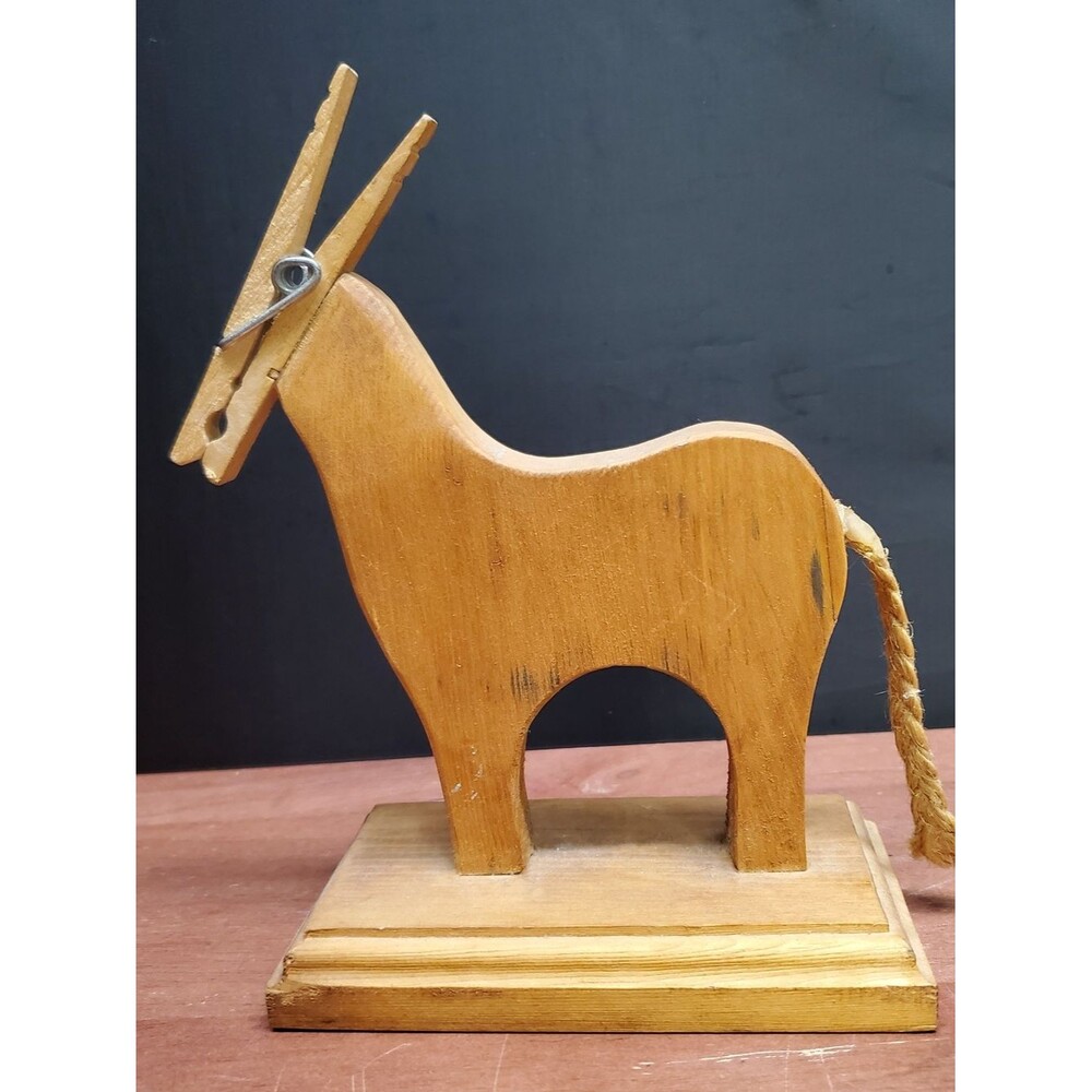 Handcrafted Handmade Vintage Wooden Donkey Figurine Note Recipe Card Holder